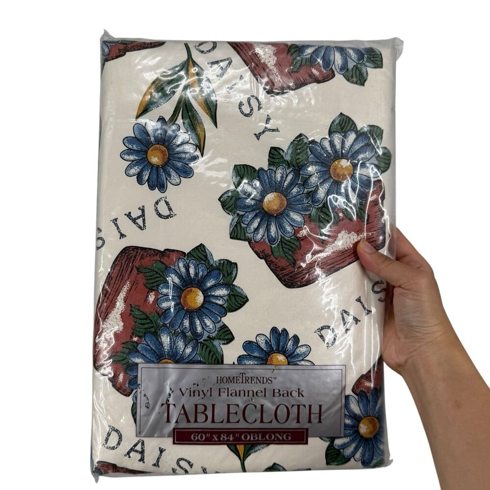 Vintage Vinyl Flannel Back Tablecloth HomeTrends 60x84 Oblong Daisy Floral New